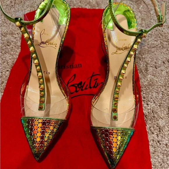 Christian Louboutin Green and Gold Heels with Metallic Accents - Picture 8 of 13